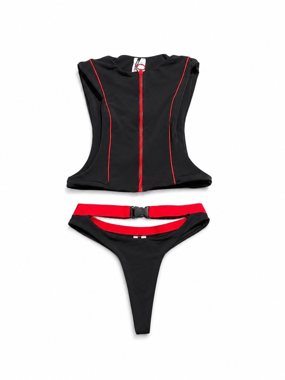 Fashion Nova Black & Red Zip Halter Bikini Set with Red Belt